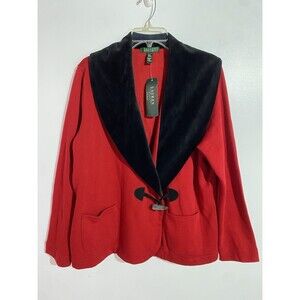 Vtg Ralph Lauren Knit Blazer 1X Red Black Velvet Toggle Holidays Office Party